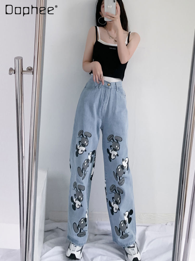 Light Blue Cartoon Jeans for Women 2022 Spring and Summer Cartoon Print Loose Slimming Straight-Leg Wide-Leg Pants T